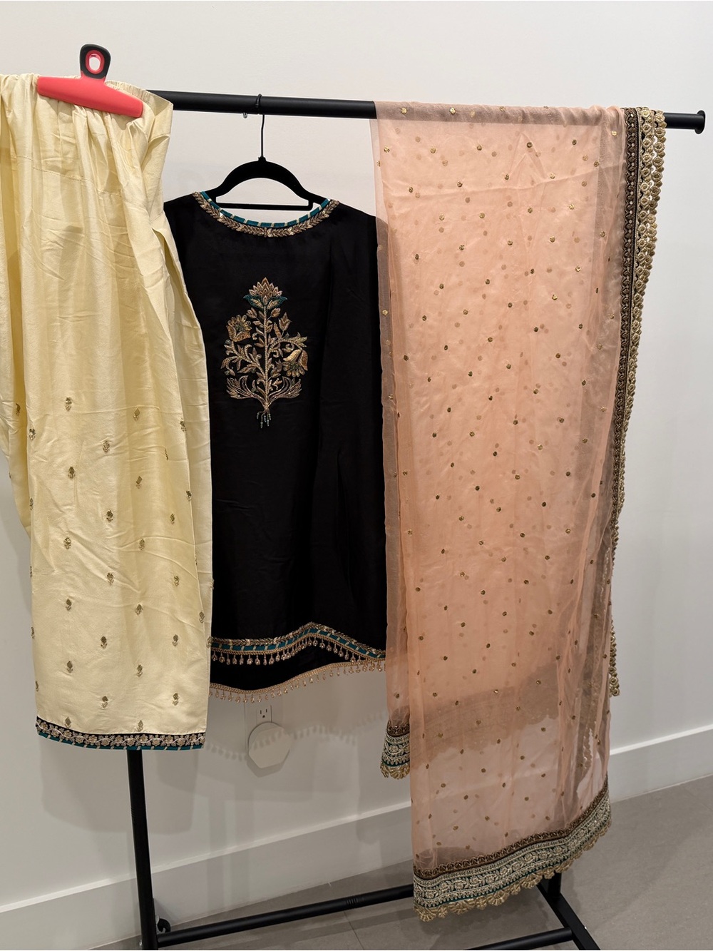 Embroidered Black Kurta with Beige & Blush Dupatta Set